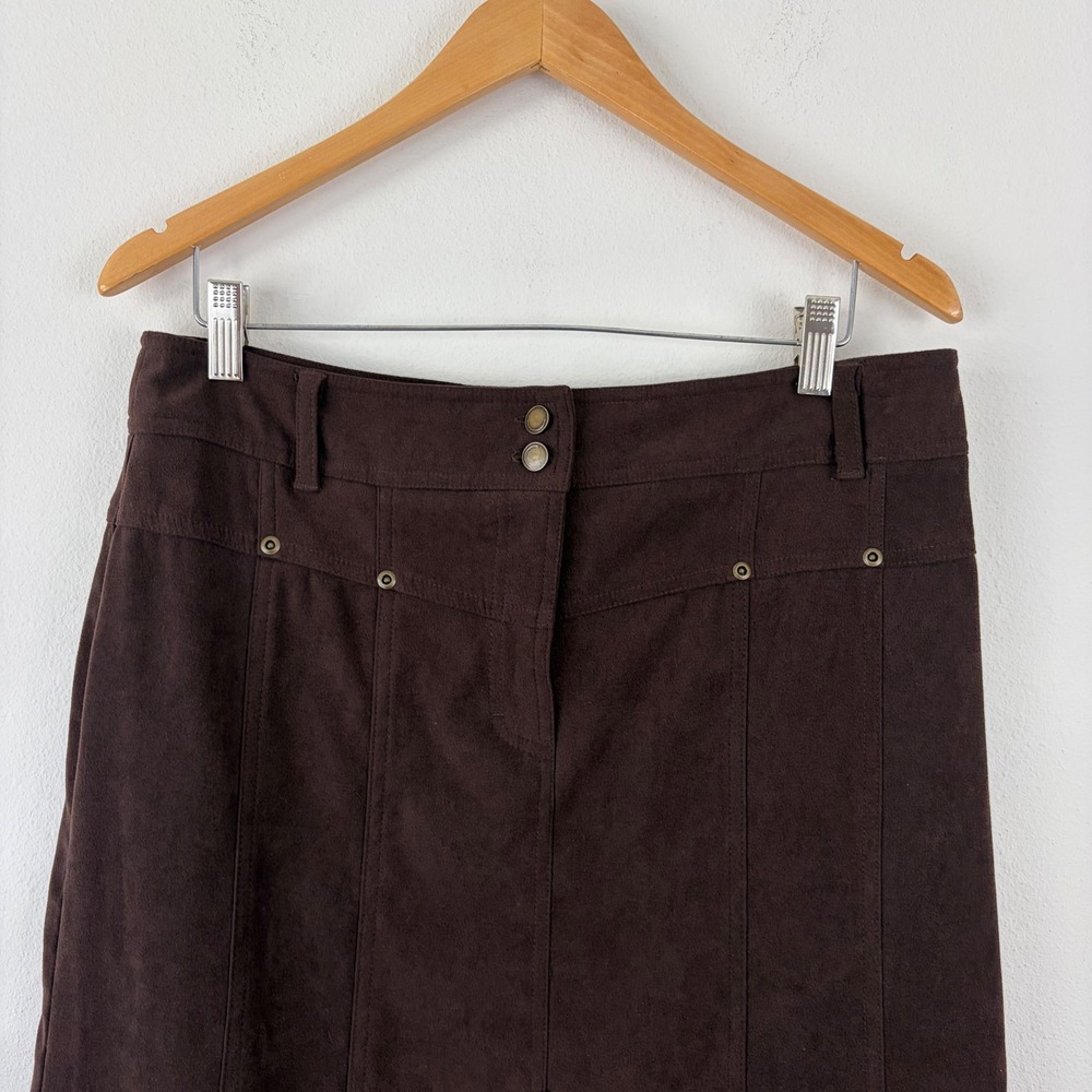 Vintage Boho Chocolate Brown Faux Suede Flare Midi CATO Skirt Womens Size 10 - Picture 3 of 10